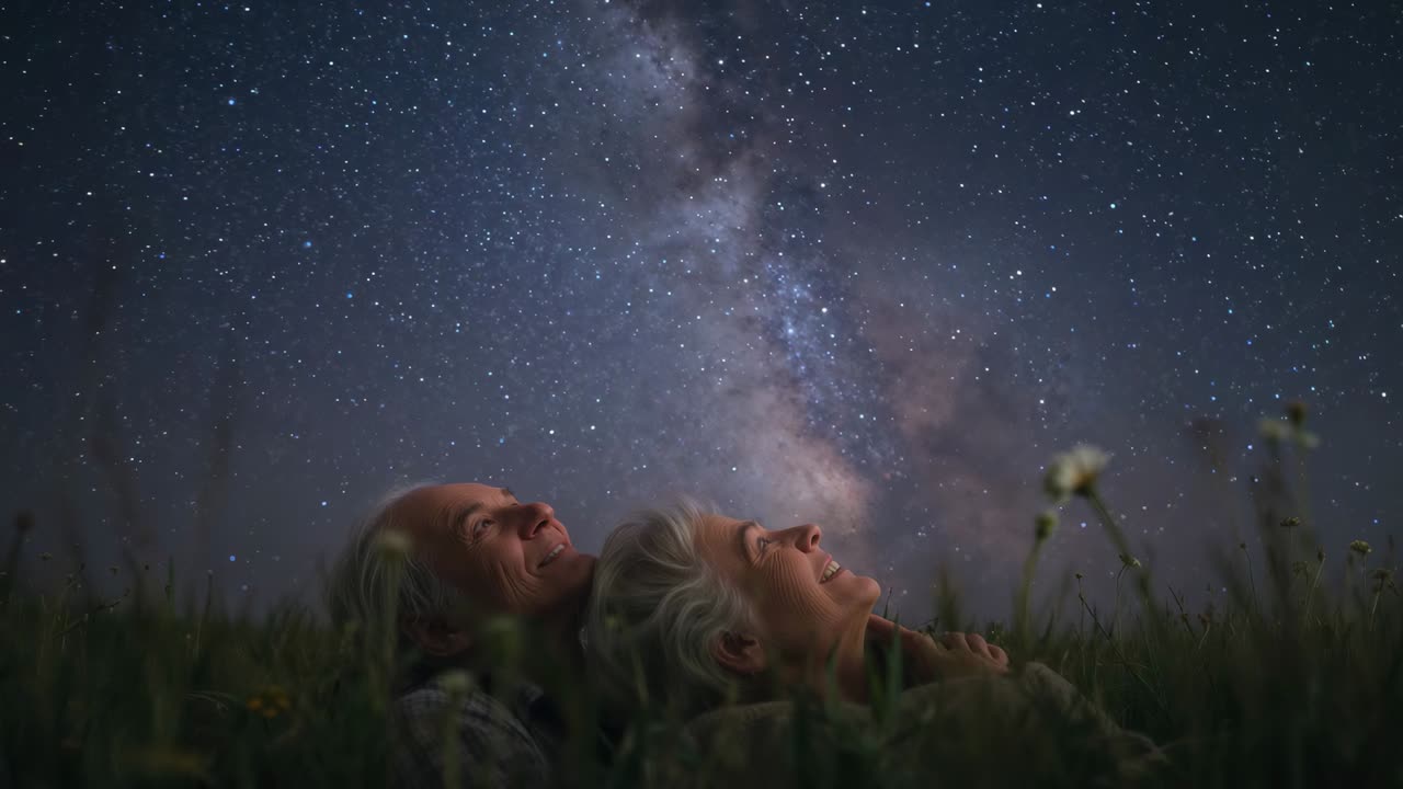 Melkeveien viser seg, eldre par i gensere lener seg tilbake, ser og smiler på en eng med tusenfryd