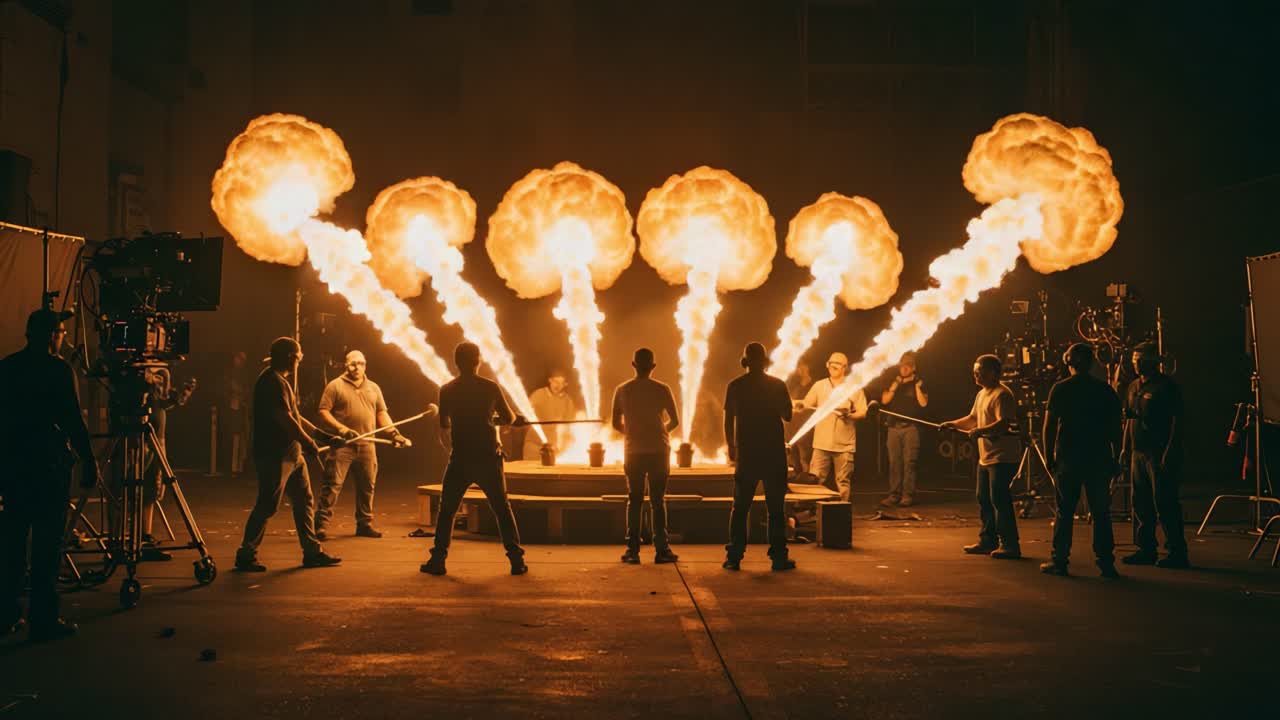 Dynamic Fire Effects Display: A Captivating Scene with Explosive Flames and Engaged Crew in a Controlled Studio Environment