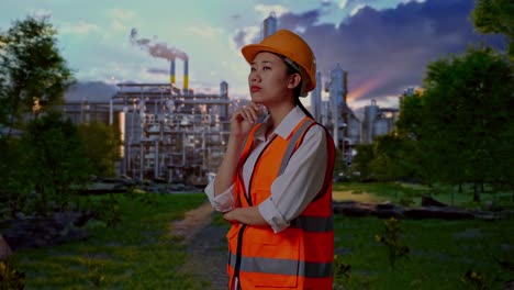 asian female engineer with safety helmet thinking about something and looking around while standing in front of oil refinery