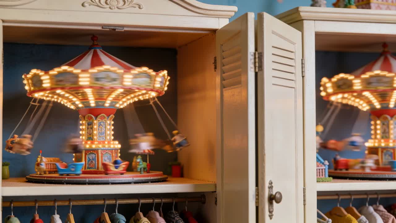 Spinning mini carousel with bulbs and swinging toys on wood shelf above clothes in nursery, mirror