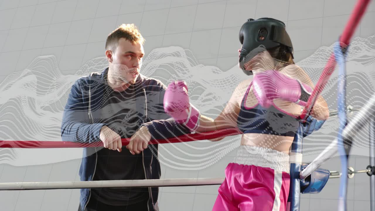 Boxer entering corner, leaning on ropes, coach gesturing, briefing boxing, tightening pink gloves