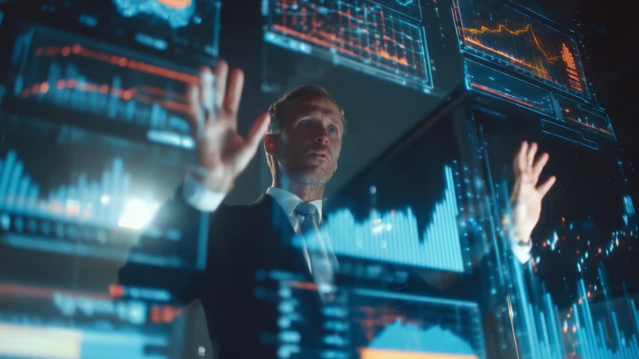 Dynamic Business Presentation: A Professional Engages with Interactive Digital Data Visualization in a Corporate Environment, Showcasing Insights and Analytics with Enthusiasm