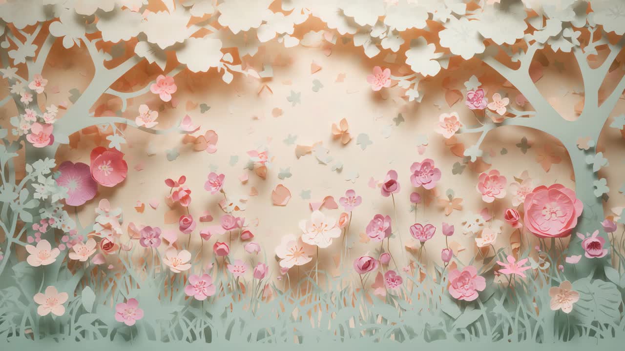 Drifting petals detaching, floating across cream panel during frame changes with teal trees