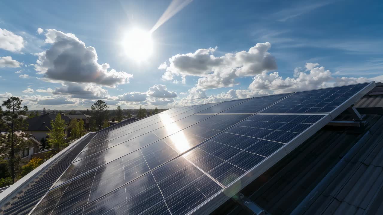 Shifting sunlight casting glare across solar panels on sloped roof as clouds drift, camera panning
