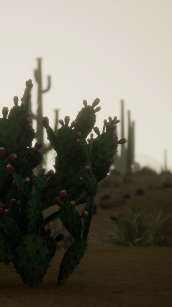 Desert scenery featuring a cactus in soft morning light and distant hills