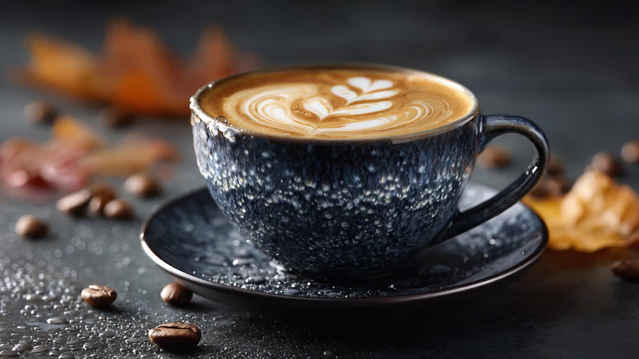 A Captivating Close-Up of a Beautifully Crafted Coffee Cup with Intricate Latte Art Surrounded by Coffee Beans and Autumn Leaves on a Reflective Surface