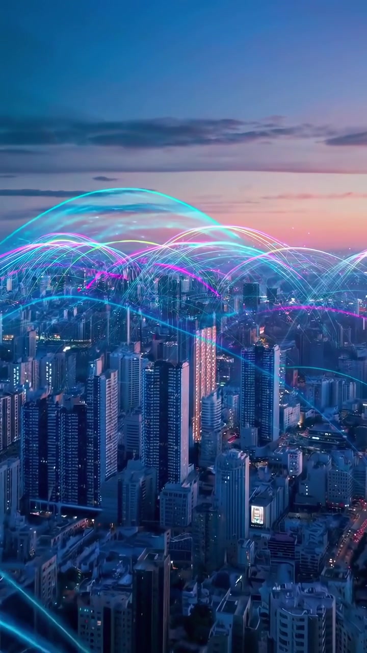 Connessioni di rete digitali che si estendono attraverso lo skyline di una città moderna al tramonto