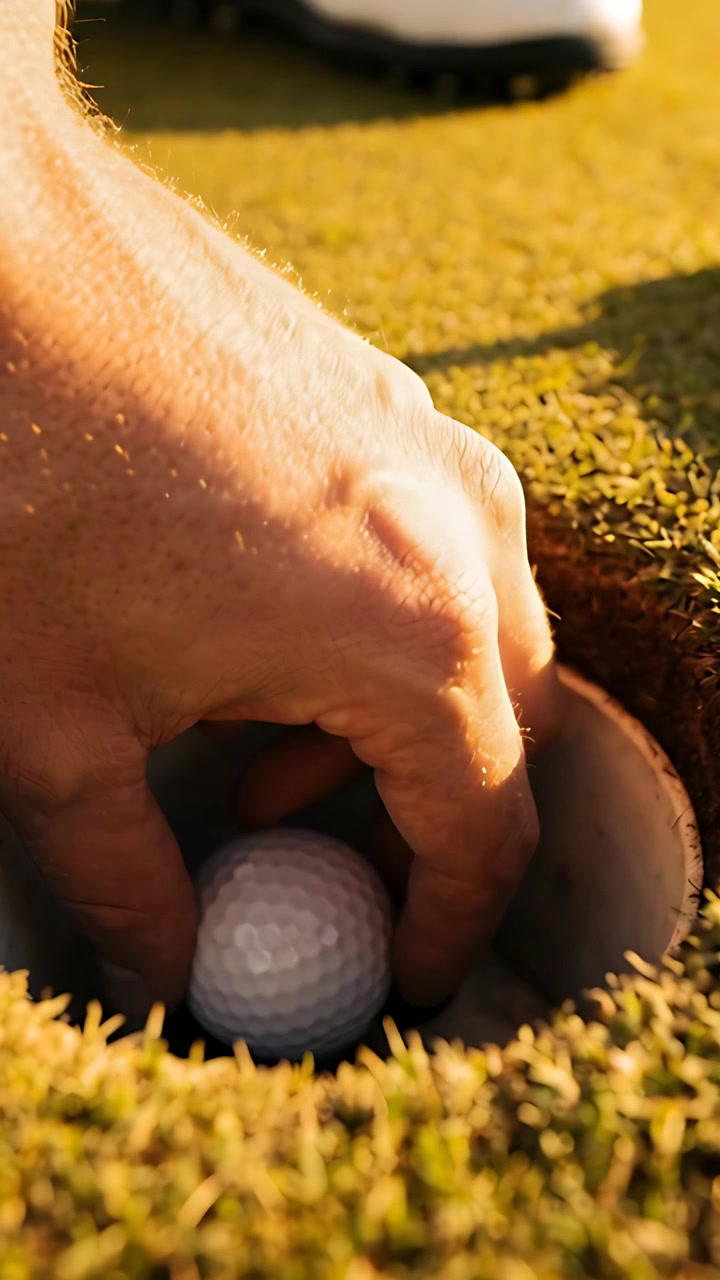 Video verticale: Golfista che si china per sollevare la palla con una croce dalla buca dopo un putt sul green, mostrando la scarpa.