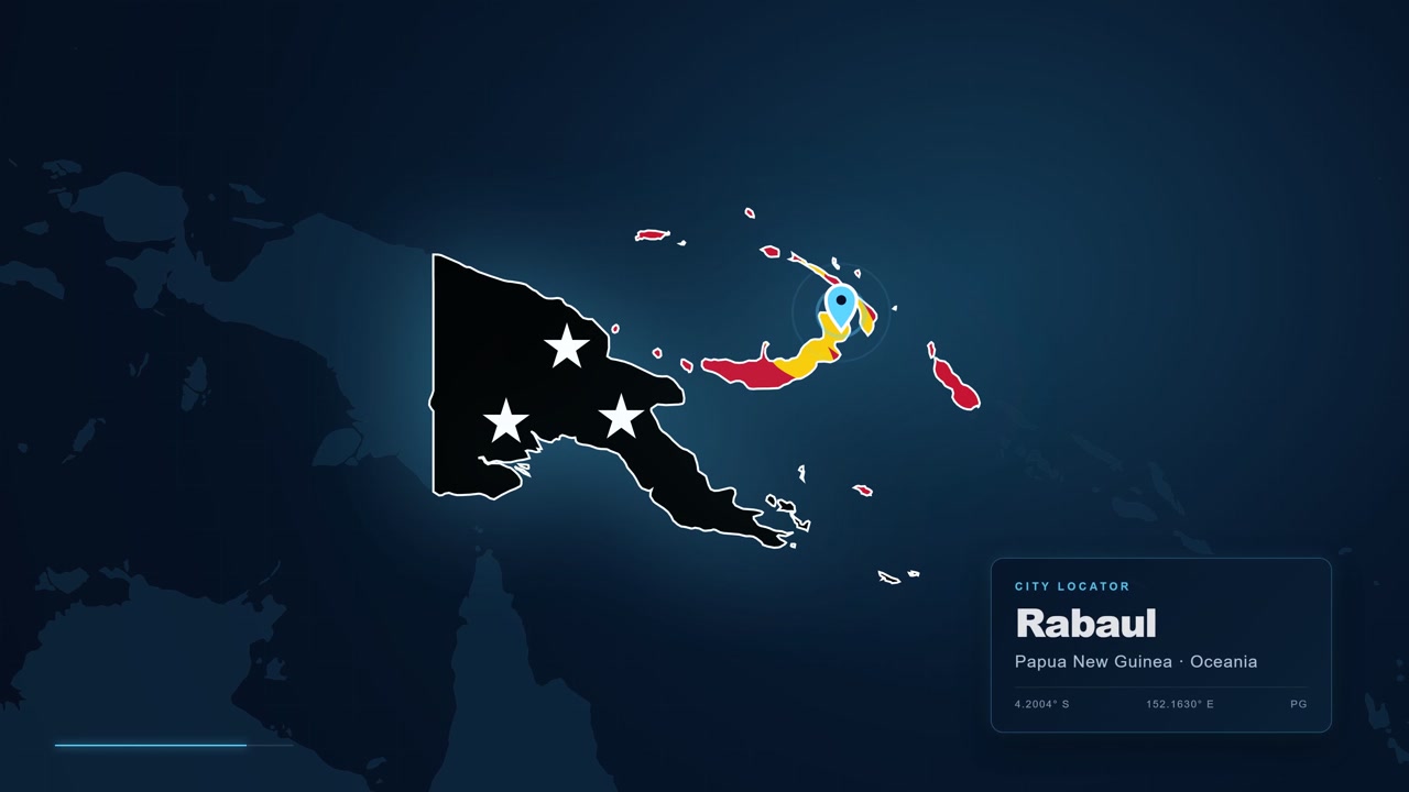 Metraje de mapa digital acercándose para resaltar la ciudad de Rabaul en Papúa Nueva Guinea, Oceanía, con un marcador de ubicación y un localizador geográfico mostrados