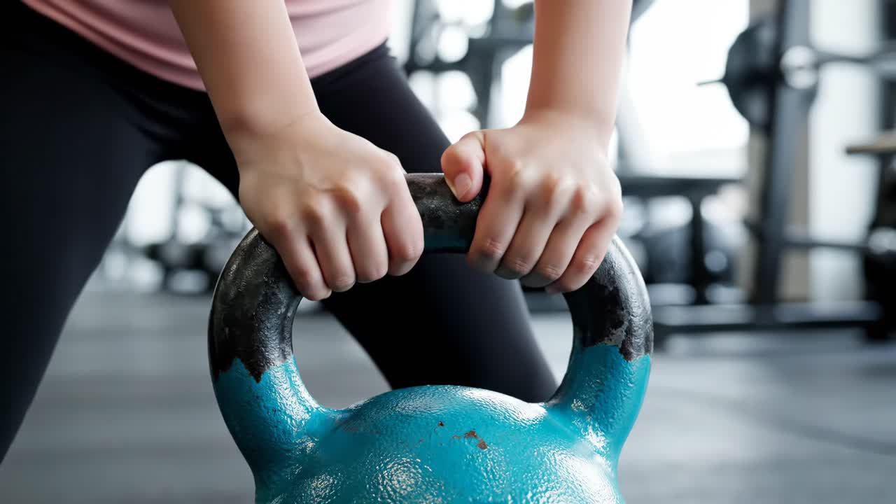Woman lifting a kettlebell in a gym