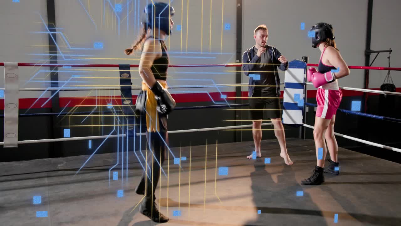 Left boxer launching punch, sparring in ring, gloves, AR overlay flashing, coach stepping in