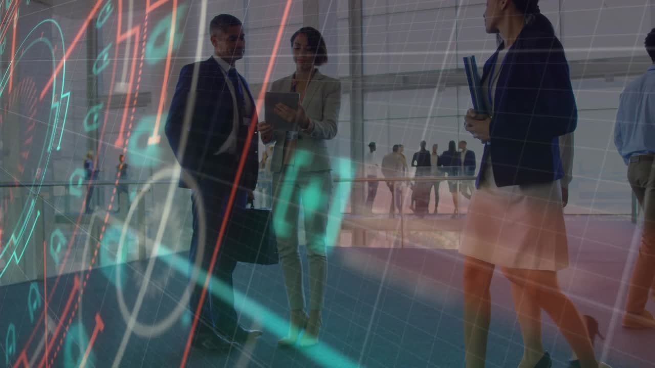 HUD sweeping initiating man and woman with tablet and case exchanging business data HUD fading