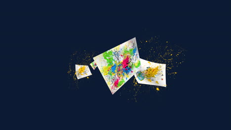 animación de salpicaduras de pintura multicolores sobre el mapa sobre un fondo azul