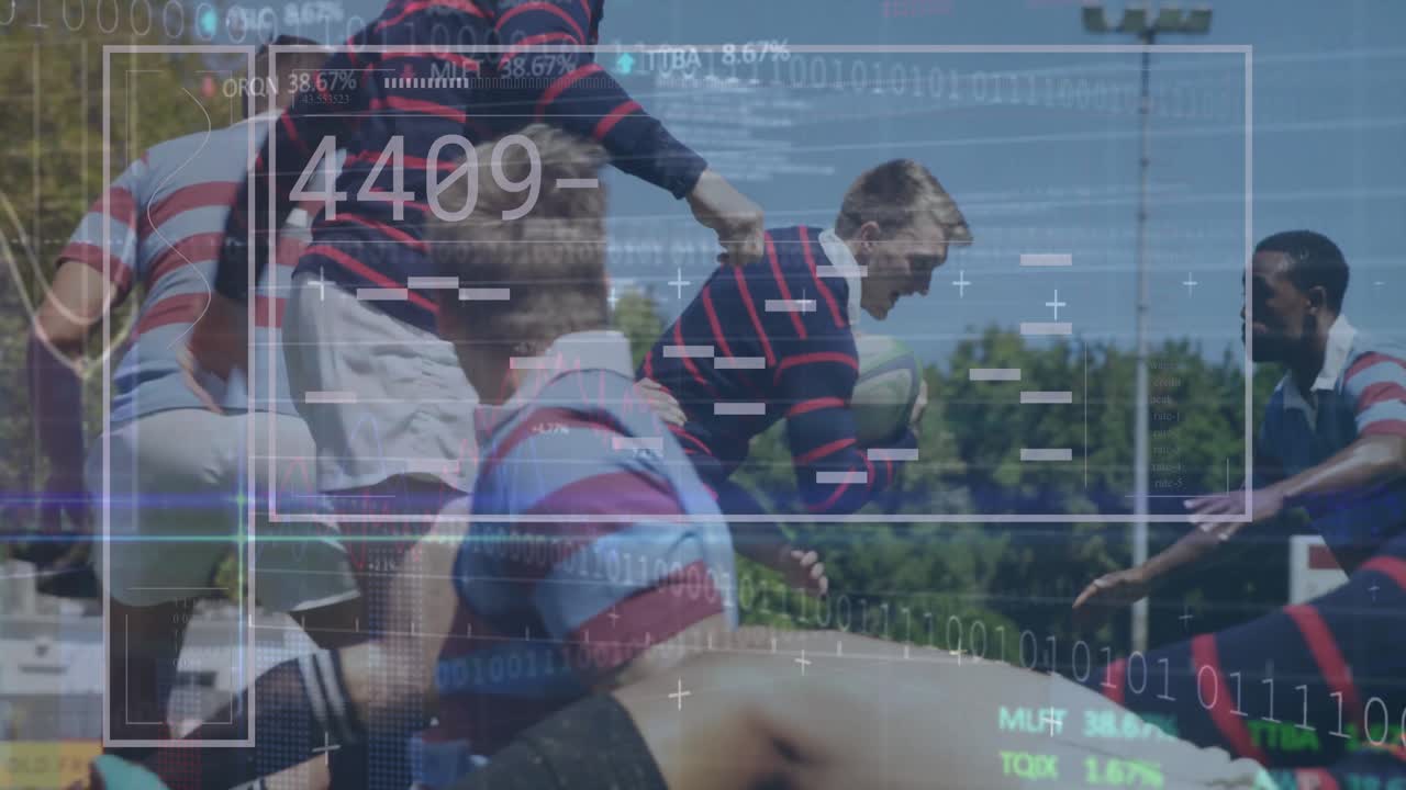 Rugbyspiller stormer frem etter et rivaliserende rush, løfter trøyen og sikrer ballen med rullende metrikkoverlegg.
