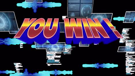 animation of you win in digital abstract space with screens