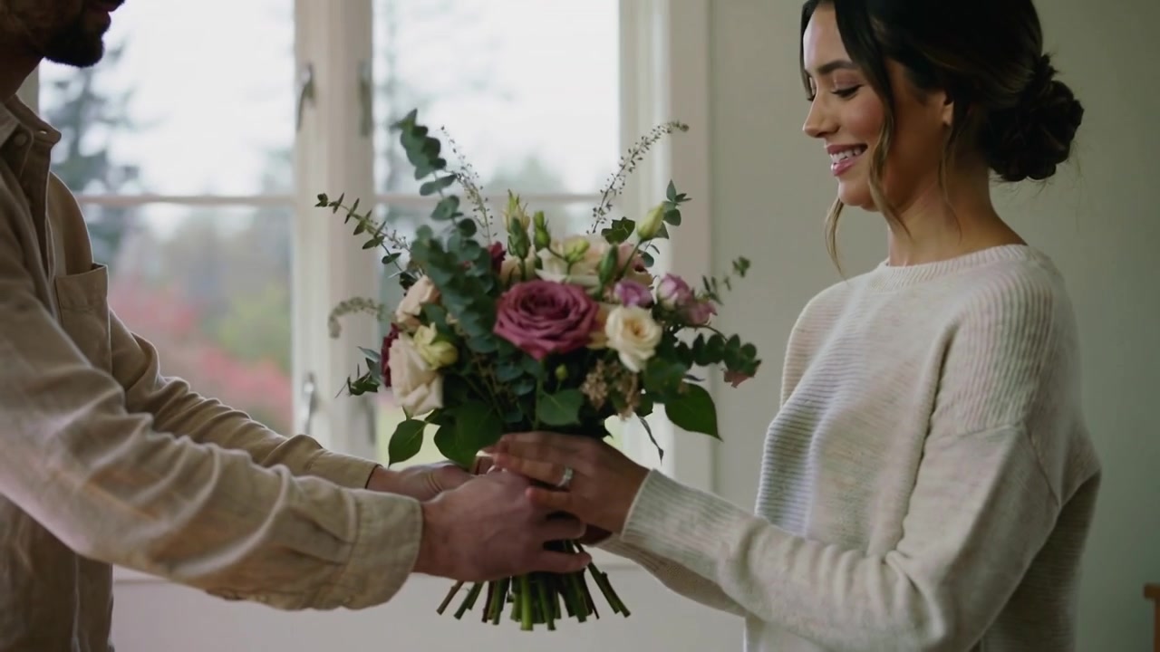 Coppia con camicia beige e maglione color crema entra con un bouquet legato a mano, condividendolo al tavolo di casa.
