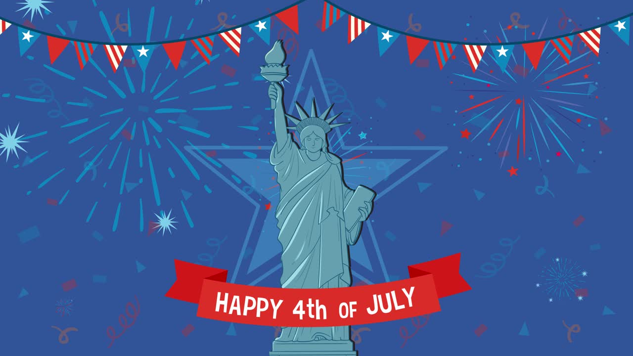 Animation of the Statue of Liberty with fireworks and festive banners celebrating the 4th of July in vibrant colors