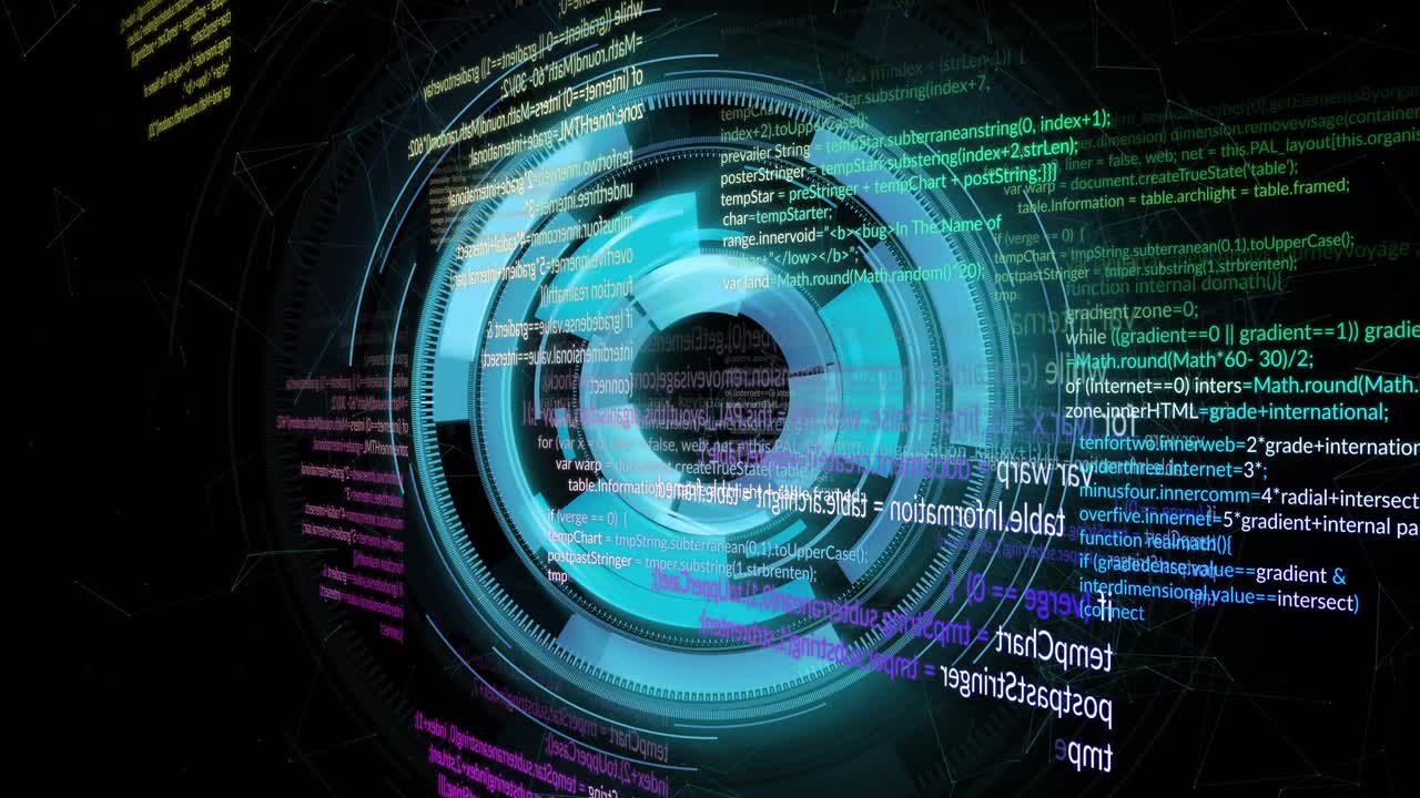 Interface falmer ind i syne, udløser roterende og pulserende ringe med kode, der ruller til 3D-visning