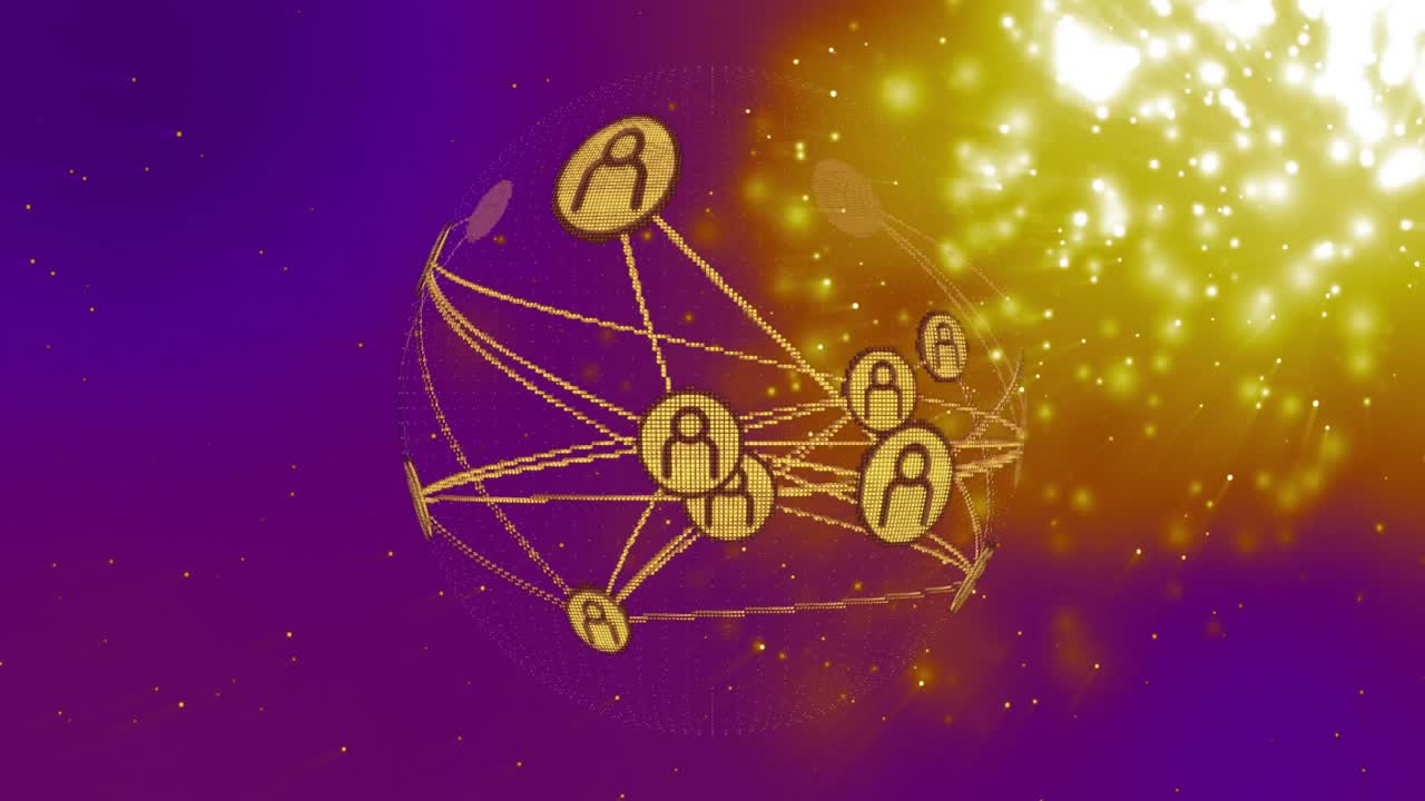 Animation of glowing particles forming network of connected profiles on purple background