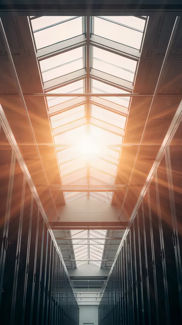 Vertical video: Beaming sunlight via pitched skylight growing flare in atrium, hitting metal walls