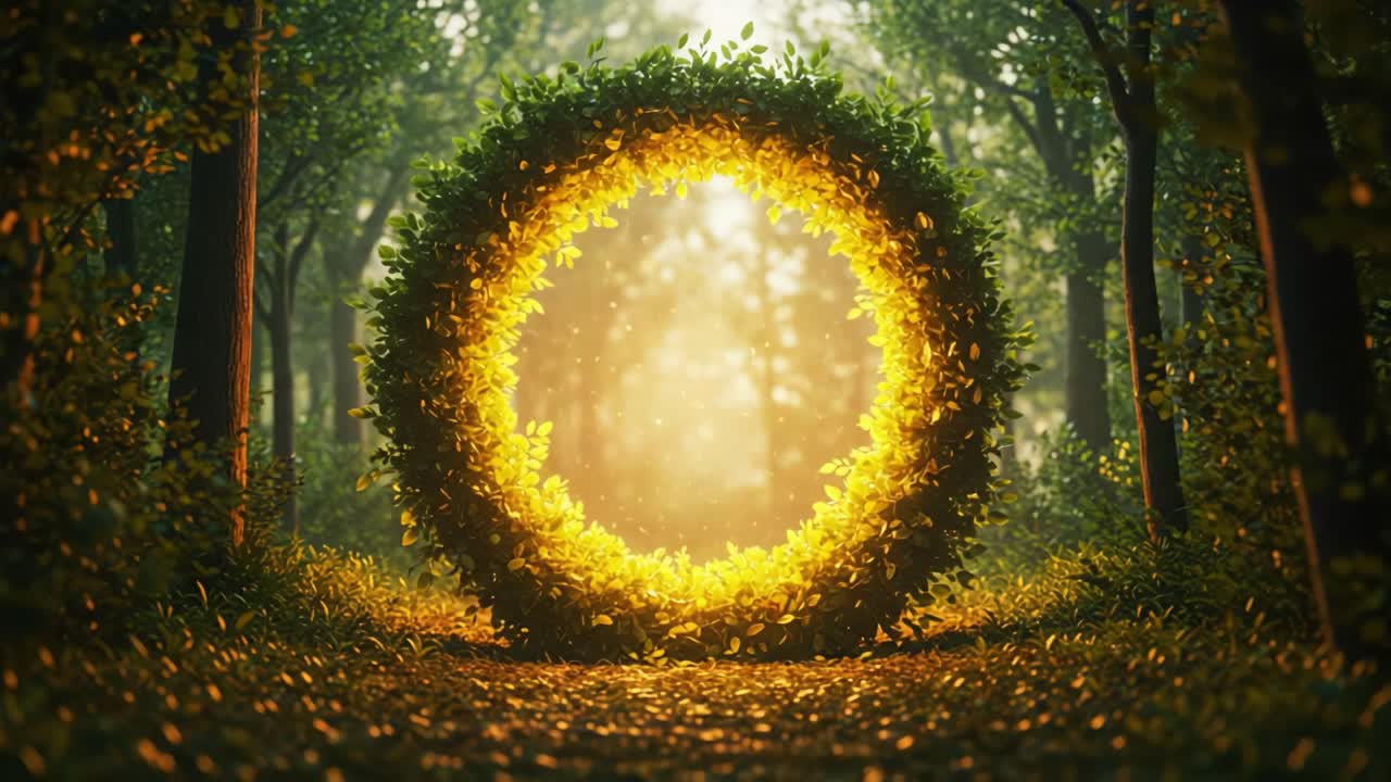 A Majestic Circular Portal of Lush Green Foliage Illuminated by Radiant Sunlight in a Serene Forest Setting