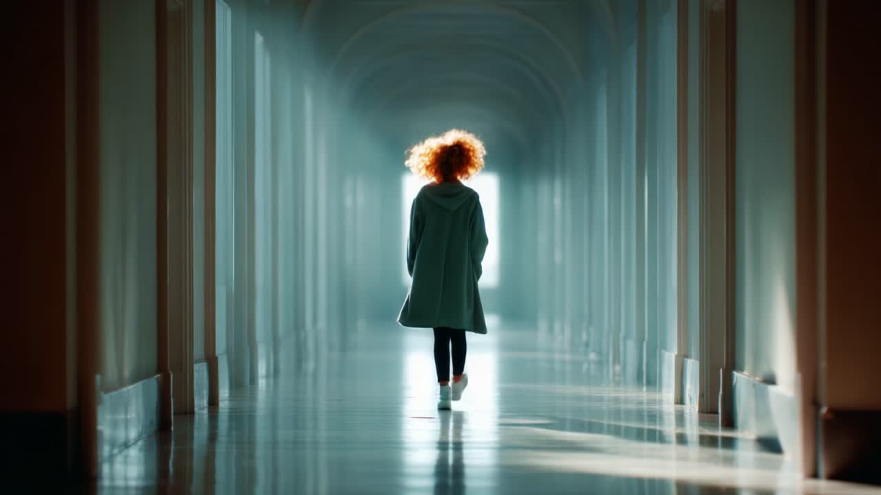 A solitary figure walks down a long, ethereal corridor illuminated by soft light, creating a serene and introspective atmosphere as they slowly approach the bright end of the passage