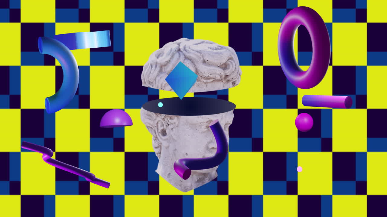 animación de una escultura de cabeza antigua sobre formas en un fondo a cuadros amarillo