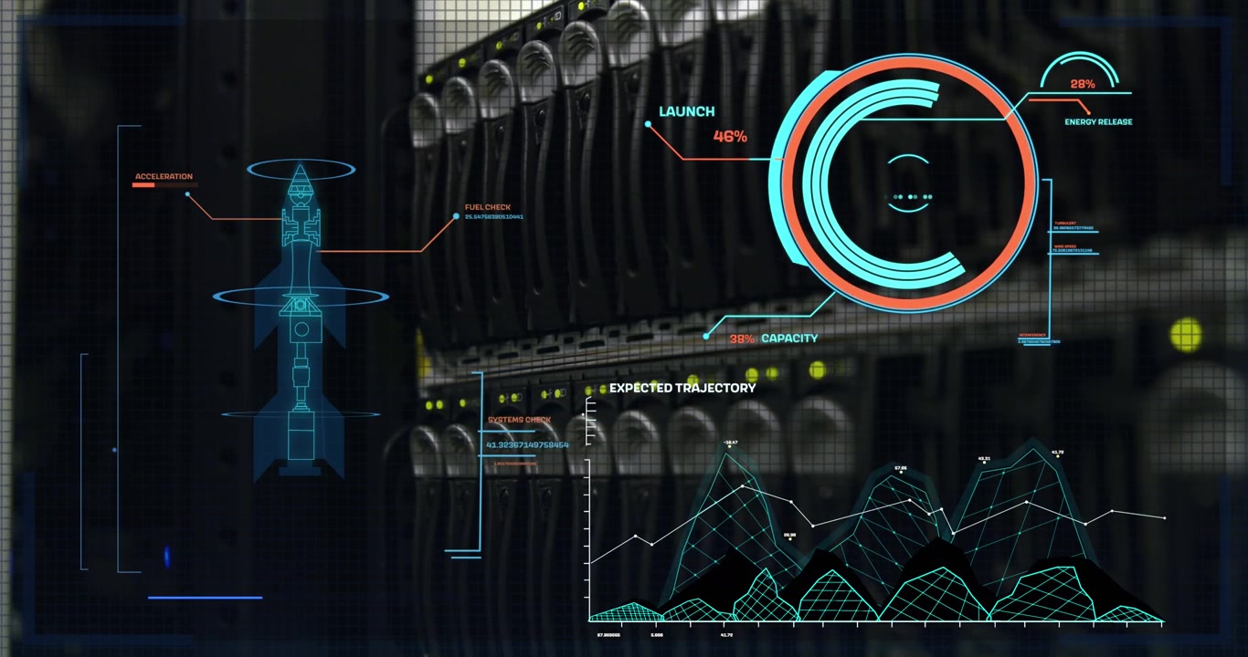 Animation of digital rocket and data processing over server room