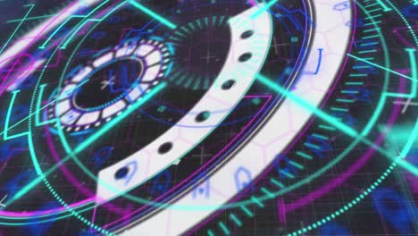 animación digital de un escáner redondo de neón brillante contra un fondo negro