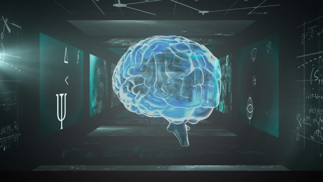 Animation of human brain spinning with digital data processing on screens