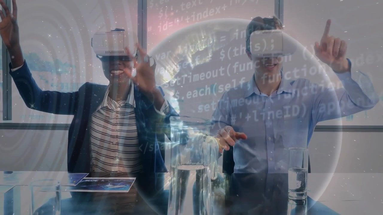 Business Professionals Using Virtual Reality Headsets in Modern Office