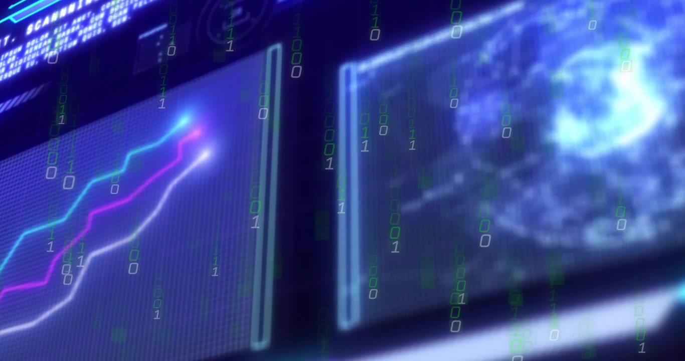 Binary code streaming starting colored waveform peaking then fading on dual screens showing trends