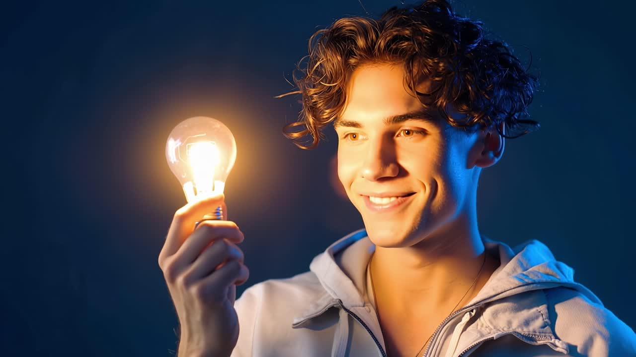 Ung mann holder en glødende lyspære. Han stirrer tankefullt på den. Blått lys lyser opp ansiktet hans. Uttrykket hans er rolig og fokusert. Ideell for konsepter om innovasjon eller ideer.