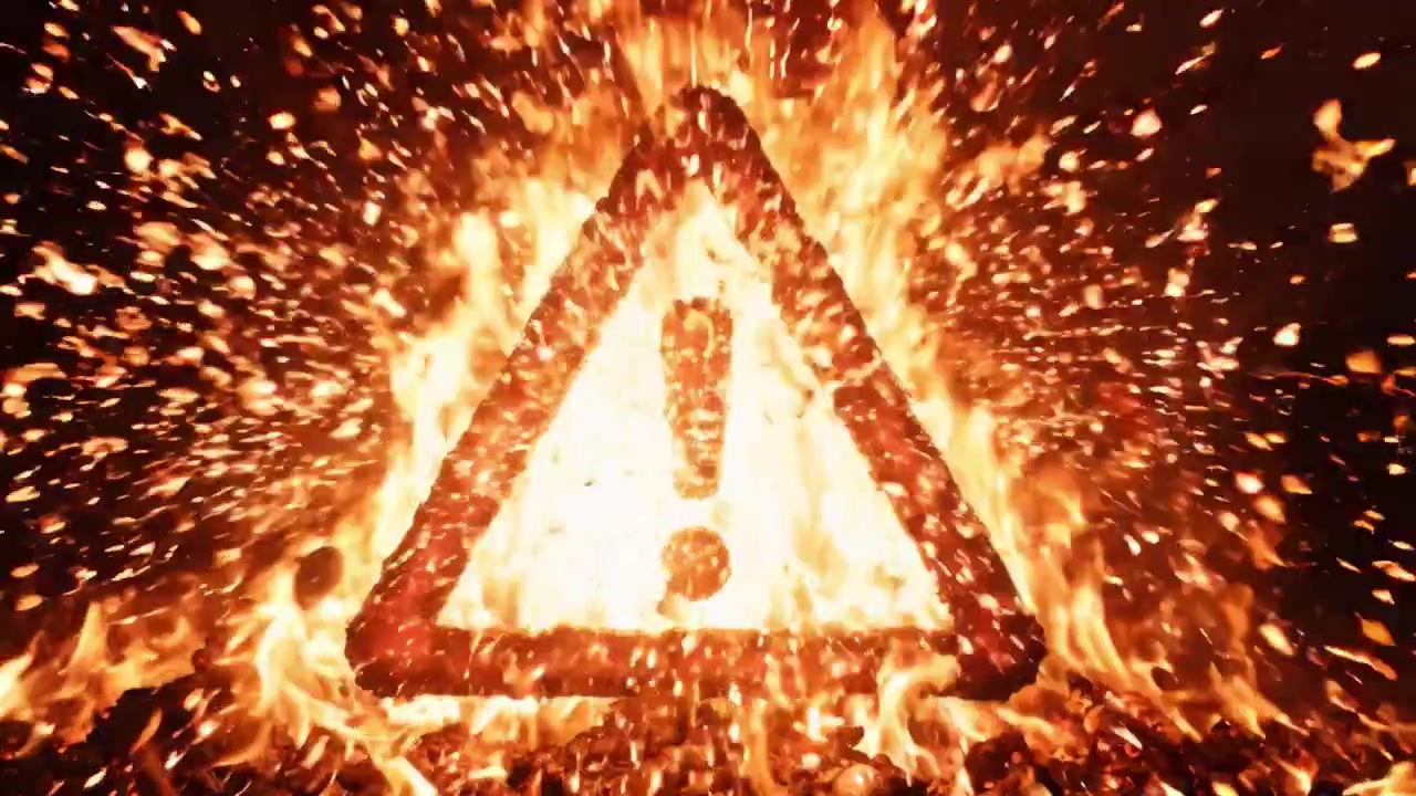 Una sorprendente rappresentazione visiva del pericolo, che mostra un audace simbolo di avvertimento ambientato su uno sfondo di fiamme intense e braci ardenti, enfatizzando il tema della cautela e dell'allerta
