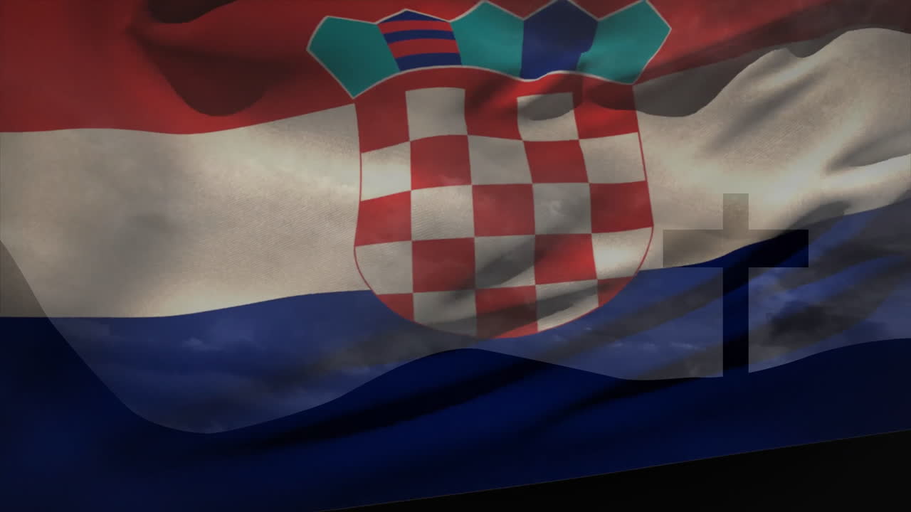 Animation of Croatian flag waving with transparent cross overlay in design