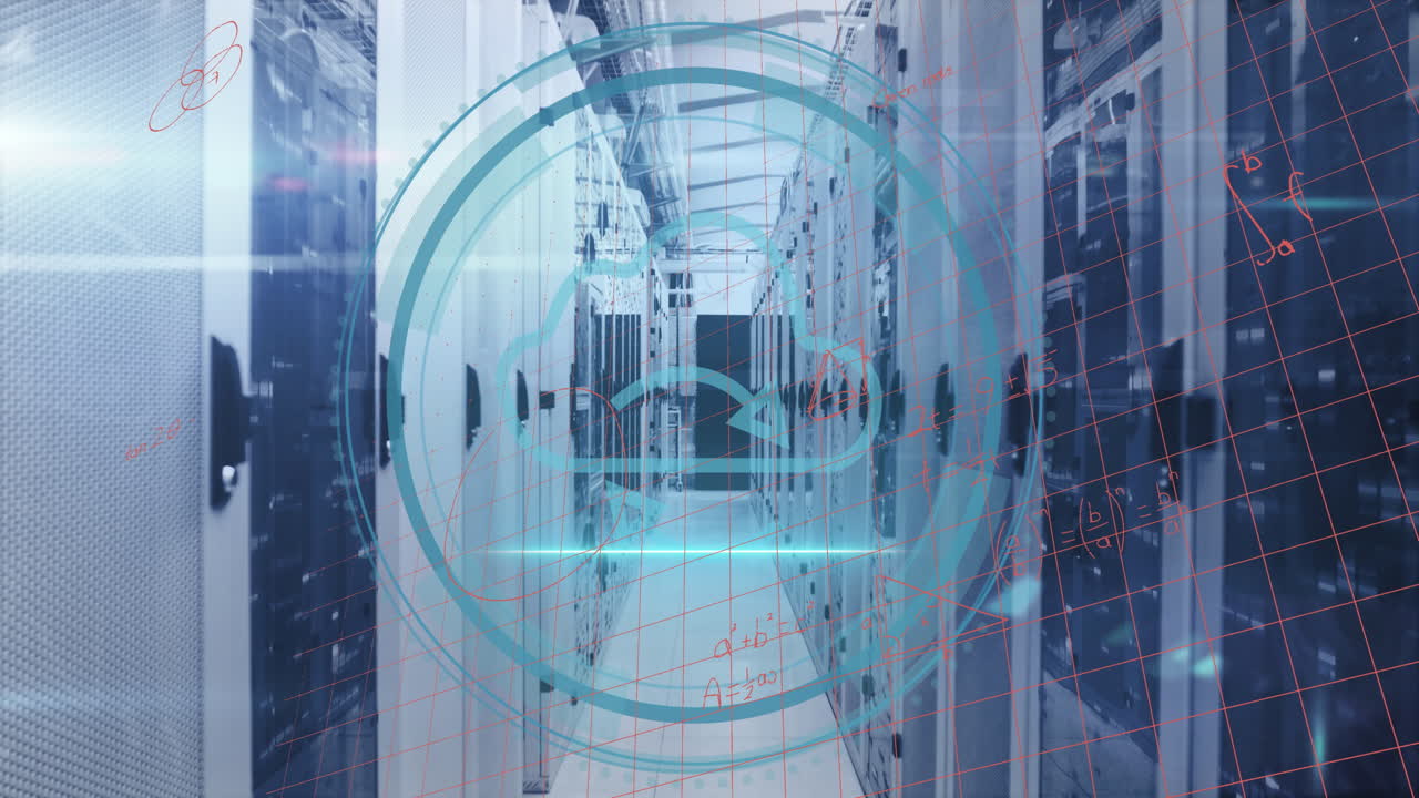 animación de escaneo de alcance y escaneo de ámbito sobre sala técnica con servidores de computadoras