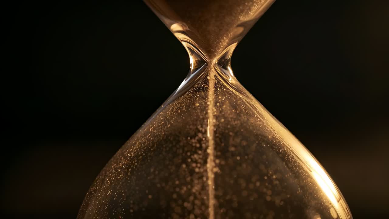 Versamento attraverso il collo, clessidra di vetro che muove sabbia dorata sotto la forza di gravità in studio per misurare il tempo