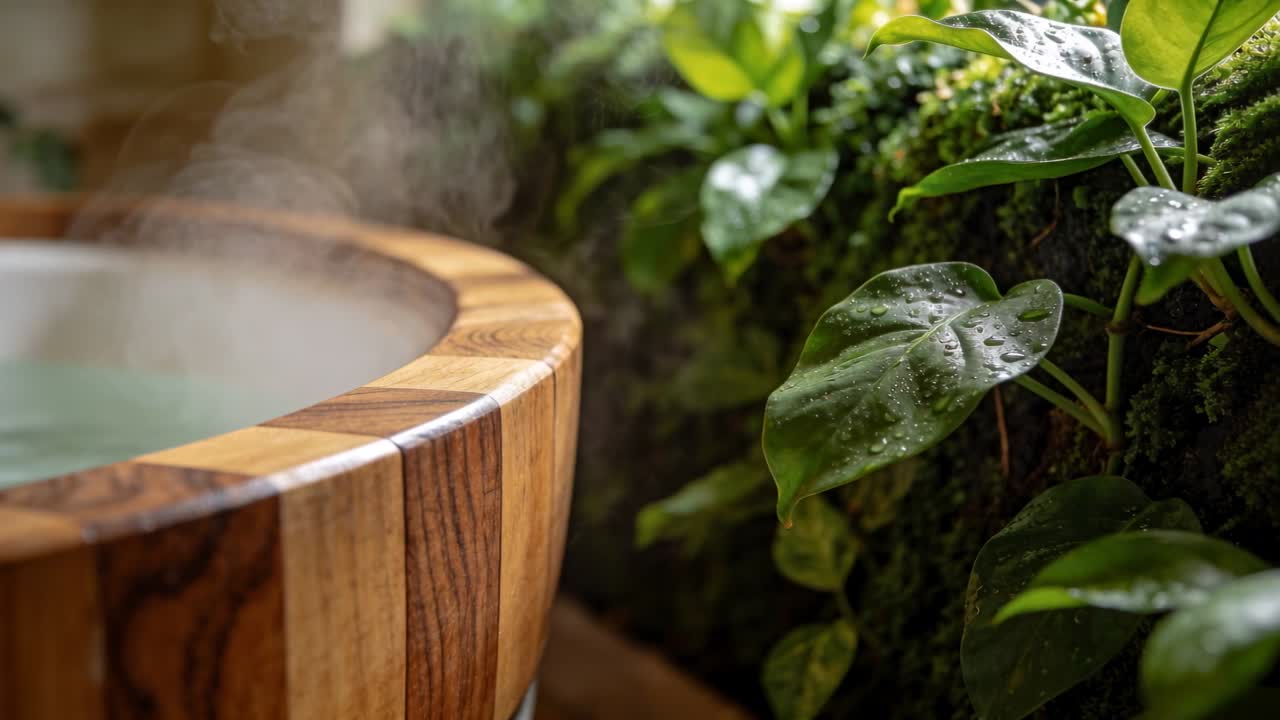 Vapore che fuoriesce, il bordo di una vasca da bagno in legno riscalda una parete vegetale verticale con goccioline nell'angolo della spa