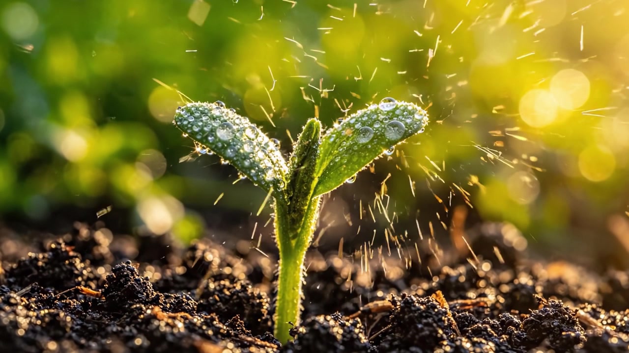 Emerging Seedling: A Close-Up View of a Young Plant Sprouting from Rich Soil, Glistening with Morning Dew Under the Warm Sunlight