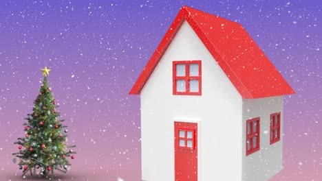 animation of snow falling over house and christmas tree icon against purple gradient background