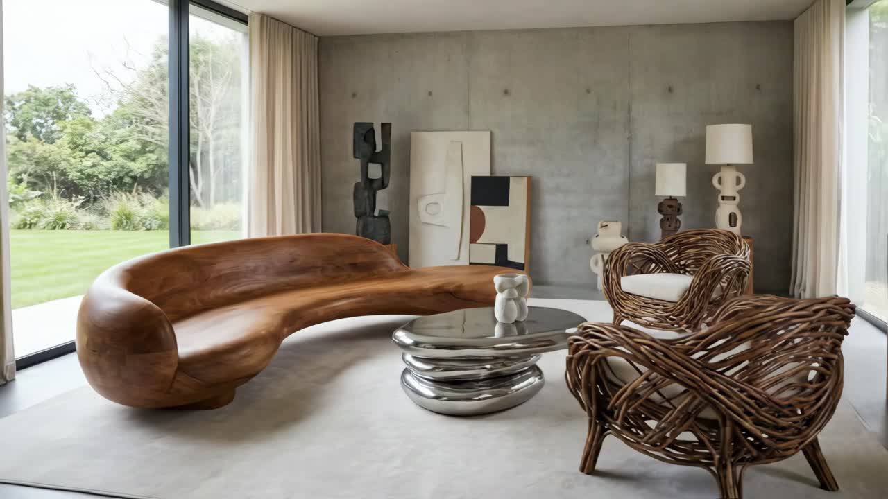 Luxury Living Room with Organic Wooden Sofa and Contemporary Furniture