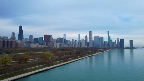 chicago the city by the lake under a gloomy sky drone