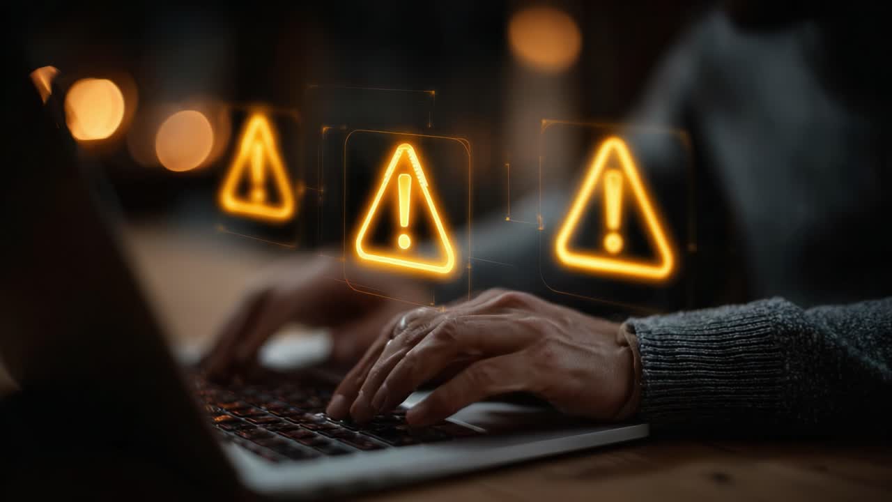 A close-up view of a person typing on a laptop, with glowing warning symbols displayed in the background, emphasizing the urgency and seriousness of the situation