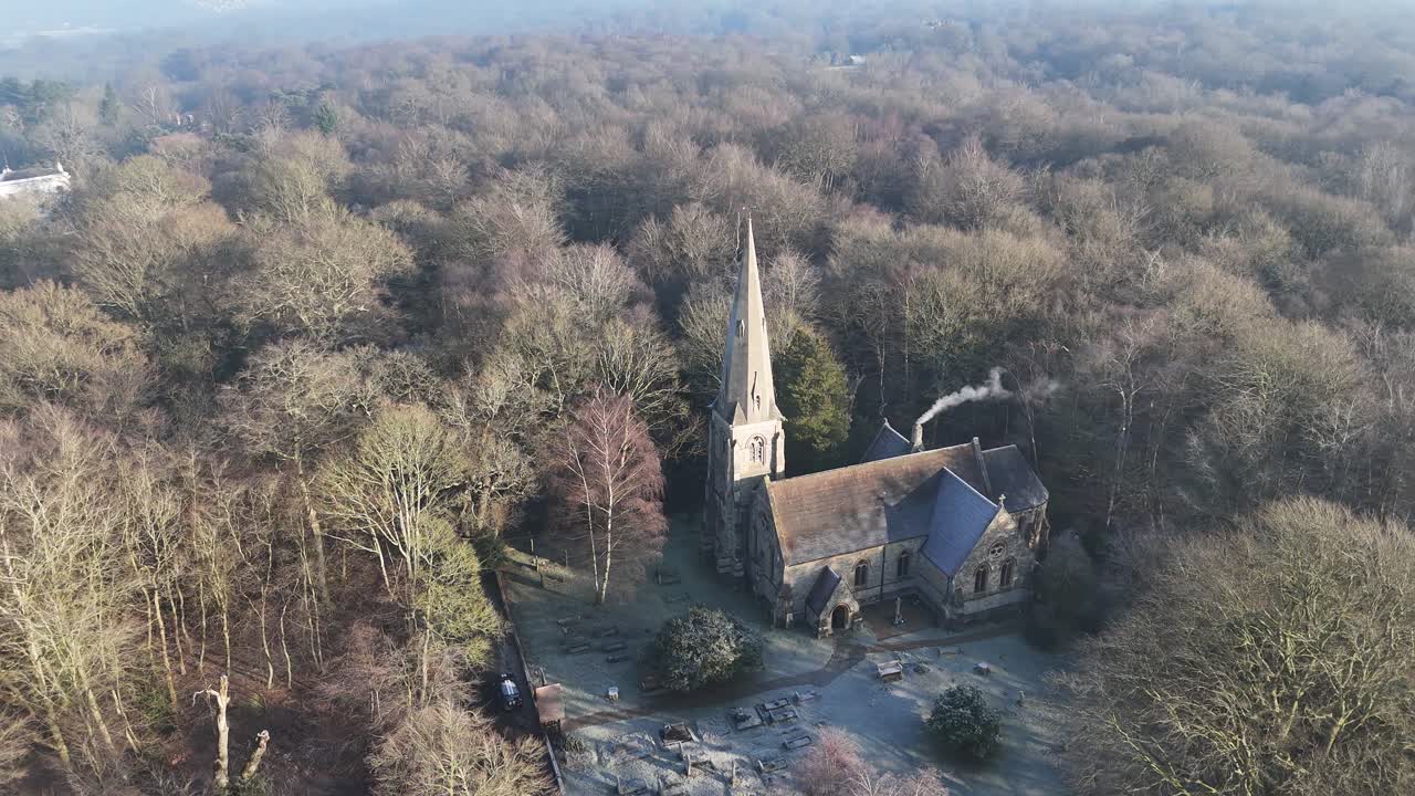 High Beach Church Epping forest UK in Winter drone,aerial
