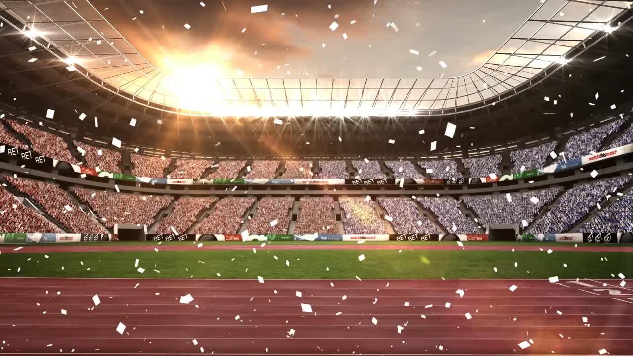 animación de confeti cayendo sobre el estadio deportivo