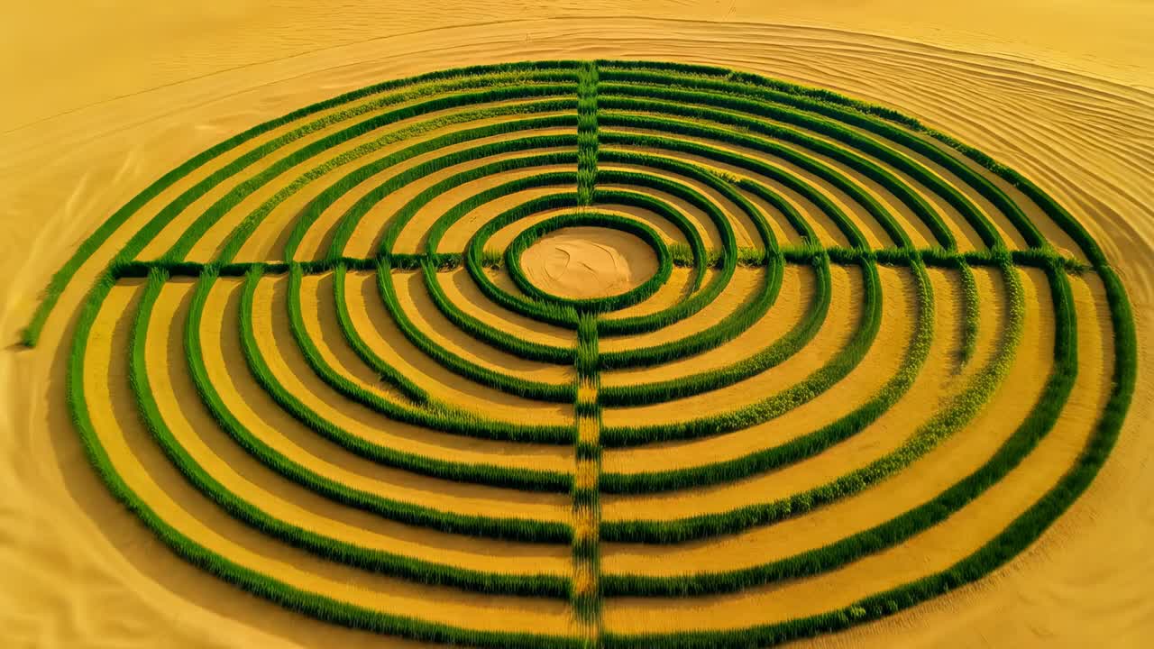 Pulling back drone camera revealing four concentric green crop rings in desert to survey isolation