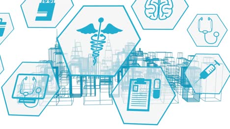 animation of medical icons over digital city on white background