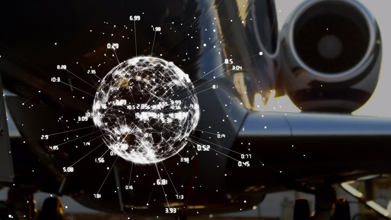 анимация глобальной сети и обработка данных над пассажирским реактивным самолетом
