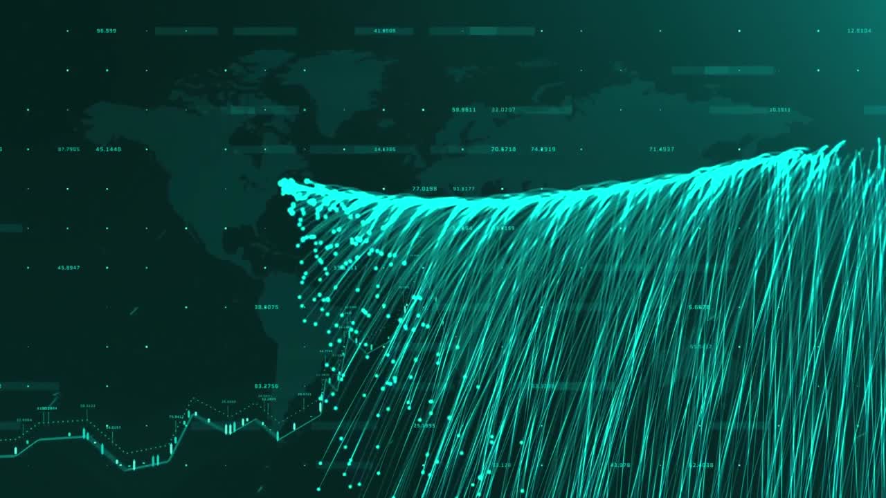 Animation of data processing over world map and explosion of blue light trails
