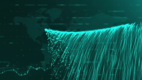 animation of data processing over world map and explosion of blue light trails